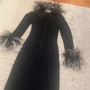 VINTAGE Feather Trim Black Duster Sweater Knit Dress